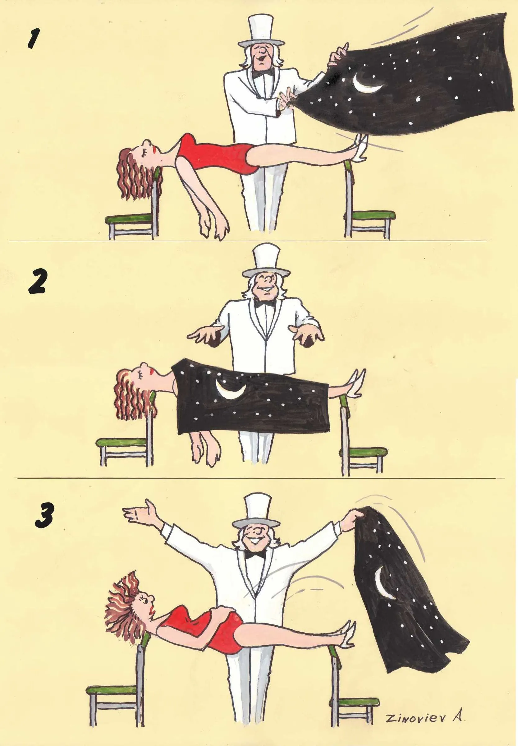 Three-panel cartoon of a magician levitating an assistant, the night sky itself used as the cloth