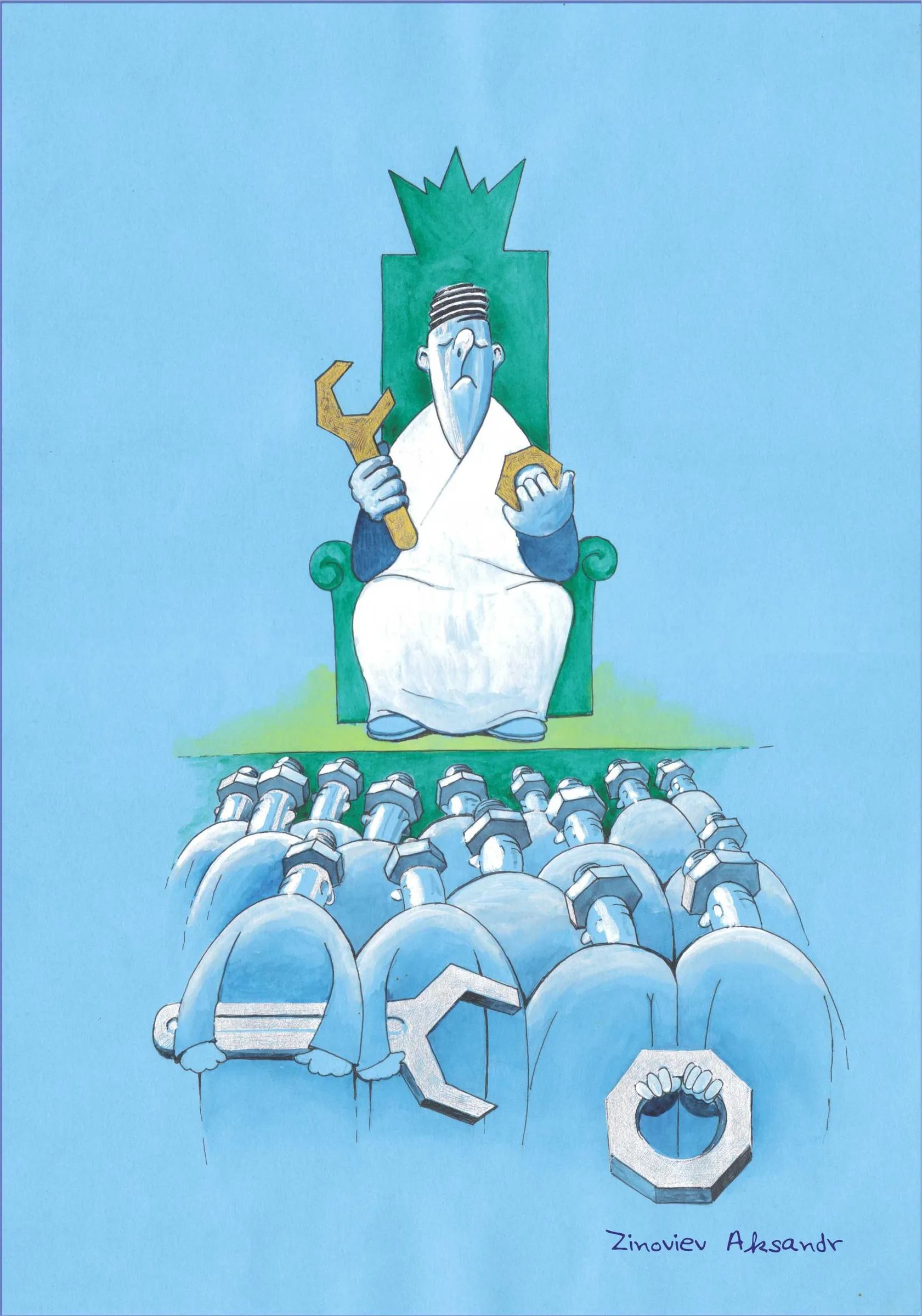 Cartoon of a crowned bolt enthroned above a kneeling congregation of nuts