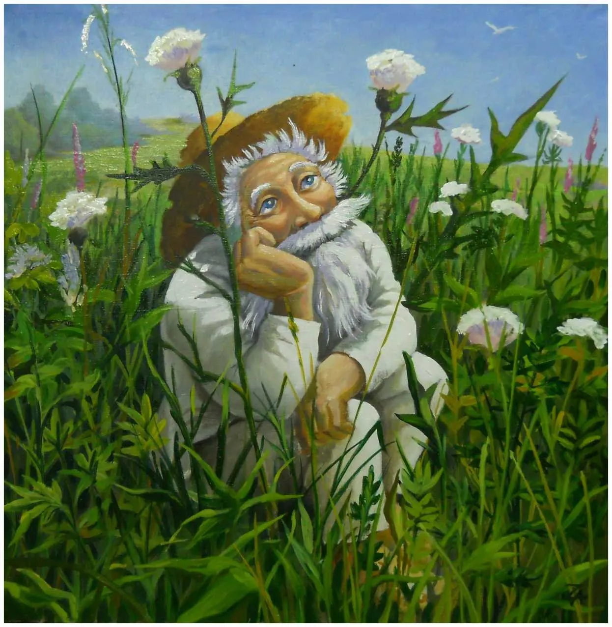 Oil painting of a white-bearded old man in a straw hat sitting chin in hand among tall summer grasses and wild flowers