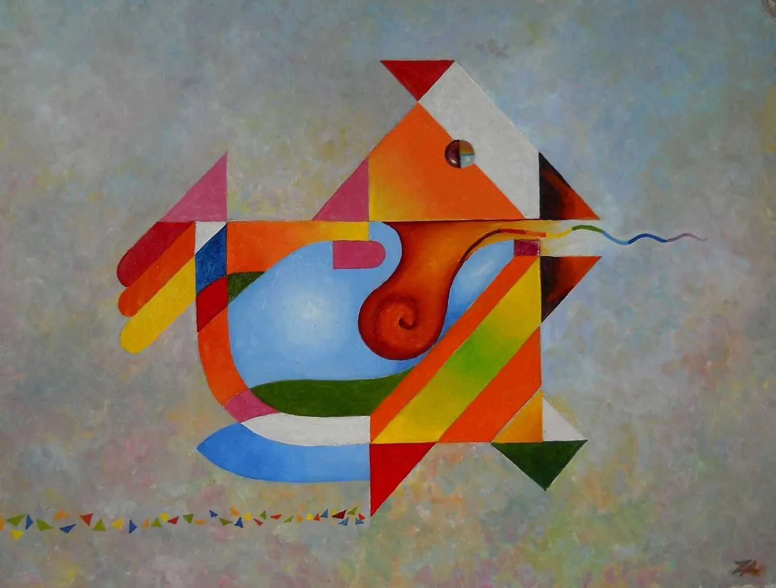 Cubo-futurist oil painting of a rooster assembled from bright triangles, arcs and chequered planes